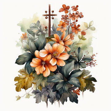 watercolor Vintage Fall Cross Sublimation, Generative Ai