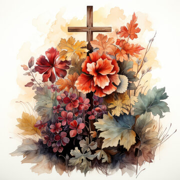 watercolor Vintage Fall Cross Sublimation, Generative Ai