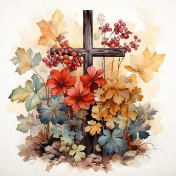 watercolor Vintage Fall Cross Sublimation, Generative Ai