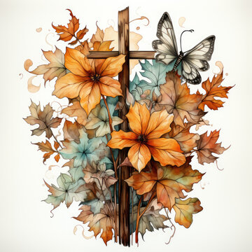 watercolor Vintage Fall Cross Sublimation, Generative Ai