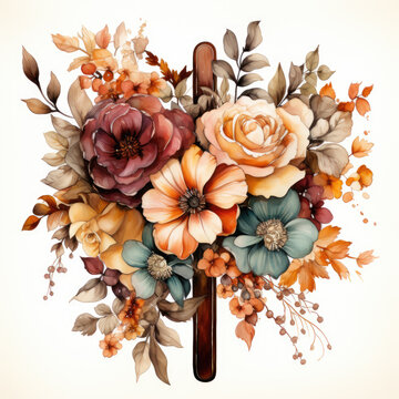 watercolor Vintage Fall Cross Sublimation, Generative Ai