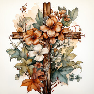 watercolor Vintage Fall Cross Sublimation, Generative Ai