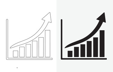 Vector isolated on white and grey background set of single black arrow increasing and pointing up on chart graph bars icon, success graph moving upwards flat design interface infographic element for a