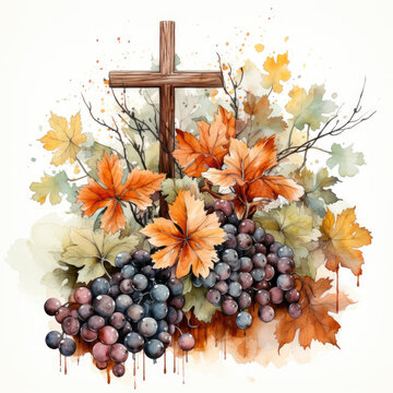 watercolor Vintage Fall Cross Sublimation, Generative Ai
