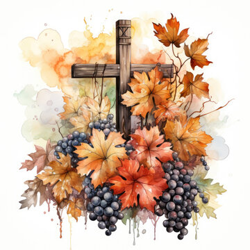 watercolor Vintage Fall Cross Sublimation, Generative Ai