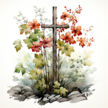 watercolor Vintage Fall Cross Sublimation, Generative Ai