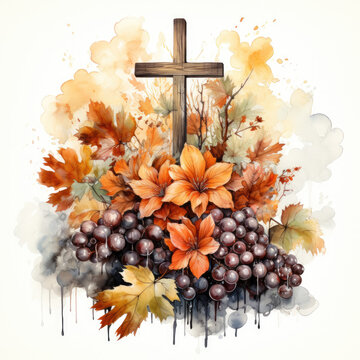 watercolor Vintage Fall Cross Sublimation, Generative Ai