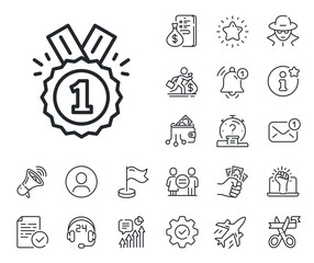 Aufkleber - Winner achievement or Award symbol. Salaryman, gender equality and alert bell outline icons. Reward Medal line icon. Glory or Honor sign. Approved line sign. Spy or profile placeholder icon. Vector