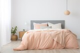 Fototapeta  - Bedroom in the trending color of 2024. Peach tones. Bedroom design.