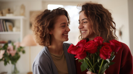 Young  woman lesbian couple in casual home wear giving a bouquet of roses to boyfriend, Valentine's Day, B-Day, Birthday, Wedding concept, generative ai