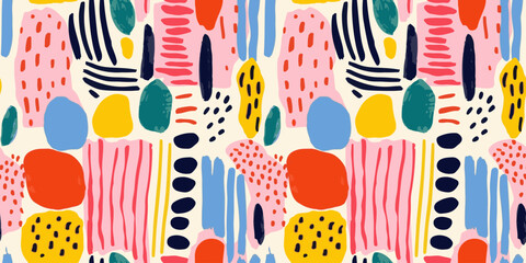 Aufkleber - Colorful abstract hand drawn doodle seamless pattern. Creative children drawing background illustration. Contemporary art paint texture print. Simple primary color shape cartoon wallpaper design.