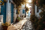 Fototapeta Uliczki - A narrow alleyway with a stone floor and potted plants on either side