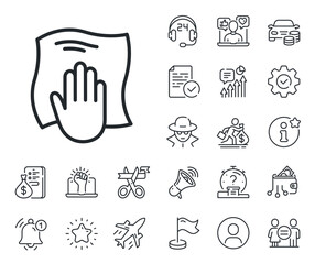 Wall Mural - Wipe with a rag symbol. Salaryman, gender equality and alert bell outline icons. Cleaning cloth line icon. Housekeeping equipment sign. Washing cloth line sign. Spy or profile placeholder icon. Vector