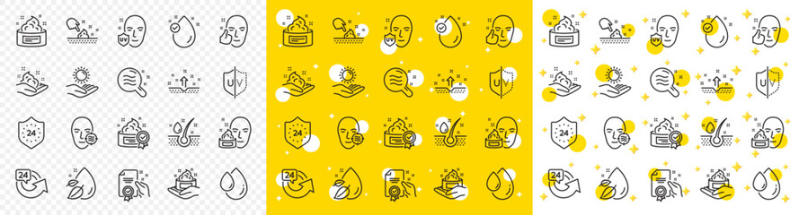 Poster - cream, serum drop and face gel or lotion icons. skin care cosmetic line icons. uv protection. oil, v