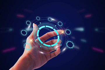 Fototapete - Network technology, hologram with light and hand of human with blue and red color glow in sci-fi futuristic concept, particle with digital data, cyber information, science and life, analysis