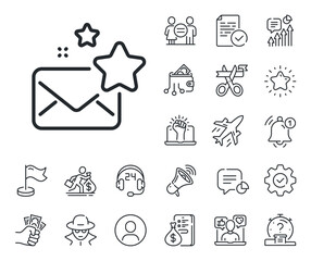 Poster - Letter with stars sign. Salaryman, gender equality and alert bell outline icons. Favorite mail line icon. Best email symbol. Favorite mail line sign. Spy or profile placeholder icon. Vector