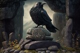 Fototapeta  - Symbolic raven perched on stones with pagan themes. Generative AI