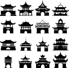 Silhouette Chinese Architecture Shape Set On Isolated. AI Generated Illustration.