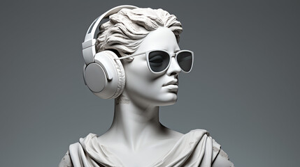 Wall Mural - Ancient female greek sculpture wearing headphones and sunglasses. Isolated on grey background