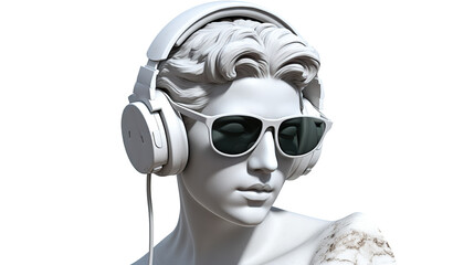 Wall Mural - Ancient female greek sculpture wearing headphones and sunglasses. Isolated on white background