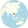 The orthographic projection of the world map with Lao PDR at its center. a landlocked country in Southeast Asia