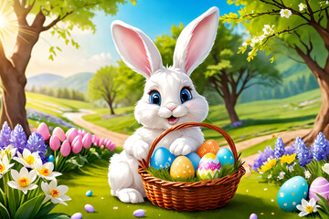 Wall Mural - Bunny and easter eggs on green grass - Illustration