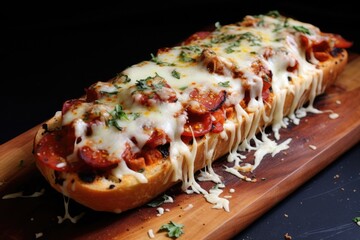 Baked Baguette. French bread pizza on a wooden cutting board