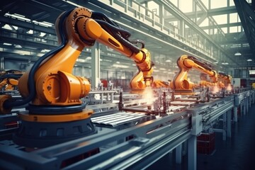 Fototapete - Robotic arm for electronic assembly line. Smart modern factory automation using advanced machines.