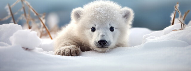 Sticker - cute little polar bear on the background of a snowy forest