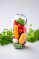 Wall Mural - Vitamin pill capsule with fruits and vegetables. Nutrition supplemet and health eating concept