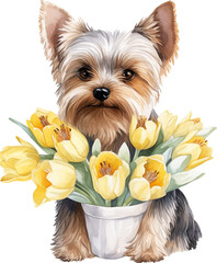 Poster - Yorkshire terrier with flowers illustration created with Generative AI technology