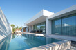 © ADDICTIVE STOCK - Sleek modern minimalist sustainable house with reflective pool, outdoor seating, and clear skies, emphasizing modern living