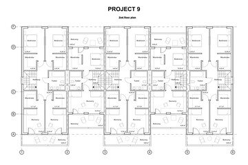 Detailed architectural two story townhouse blueprints and drawings. Vector illustration