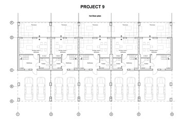 Detailed architectural two story townhouse blueprints and drawings. Vector illustration