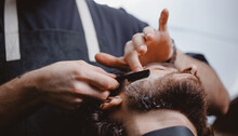 Barber Shaving Man With Sharp Steel Razor, Banner Barbershop Warm Retro Old Toning