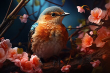Generative AI Illustration Of Closeup Of Bird Resting On A Branch Encircled By The Lush Pink Blossoms Of Cherry Trees