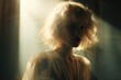 © ADDICTIVE STOCK - Generative AI image of a thoughtful young woman with a short, wavy hairstyle bathed in ethereal sunlight, creating a dreamlike atmosphere.