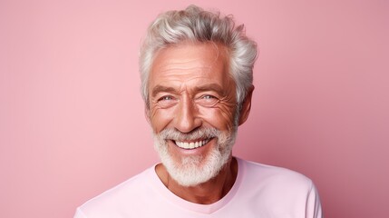 Wall Mural - Elegant smiling elderly blond Caucasian with gray hair with perfect skin, on pink background, banner.