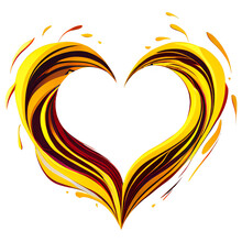 Valentine Heart Abstract Arts Icons, Isolated On White Background, Yellow And Red Flame Love Heart Shapes