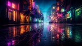 Fototapeta Przestrzenne - Rainy urban night: neon-lit city street with reflective wet pavement - perfect for urban art or quotes
