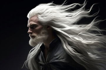 Wall Mural - Fantasy close-up portrait of a handsome old man with long fluttering white blonde hair and white beard, and blue eyes on a black background - isolated