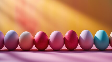 Wall Mural - A row of colored eggs sitting on top of a pink surface, simple Easter background with copy-space, place for text