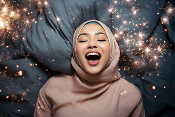 Wall Mural - Young muslim woman having orgasm. Beautiful woman with open mouth and closed eyes enjoying sex lying among fireworks. Sparklers as a symbol of orgasm. Sexual experience, masturbation, cunnilingus.