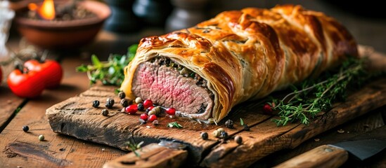 Canvas Print - Delicious homemade Beef Wellington on a wooden table.