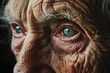 Elderly person’s face, life's story told through the map of wrinkles, somber tones with flashes of pastel, eyes that carry weight and wisdom
