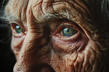 Elderly Person’s Face, Life's Story Told Through The Map Of Wrinkles, Somber Tones With Flashes Of Pastel, Eyes That Carry Weight And Wisdom