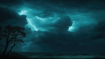 Black dark Green blue dramatic night sky. Gloomy ominous storm rain clouds background. Cloudy thunderstorm hurricane wind lightning