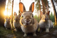 AI Generated Image Of Close-up Wide-angle View On A Group Of Cute Easter Bunnies In A Sunset Forest While Looking At Camera