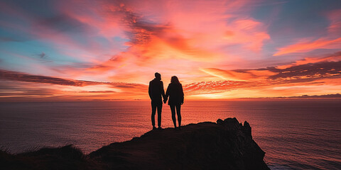 Wall Mural - A fiery sunset at a cliff's edge, couple silhouetted against the sky, holding hands, facing the sublime vastness of the ocean