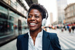© ADDICTIVE STOCK - Generative AI portrait of a joyful african american businesswoman in the city